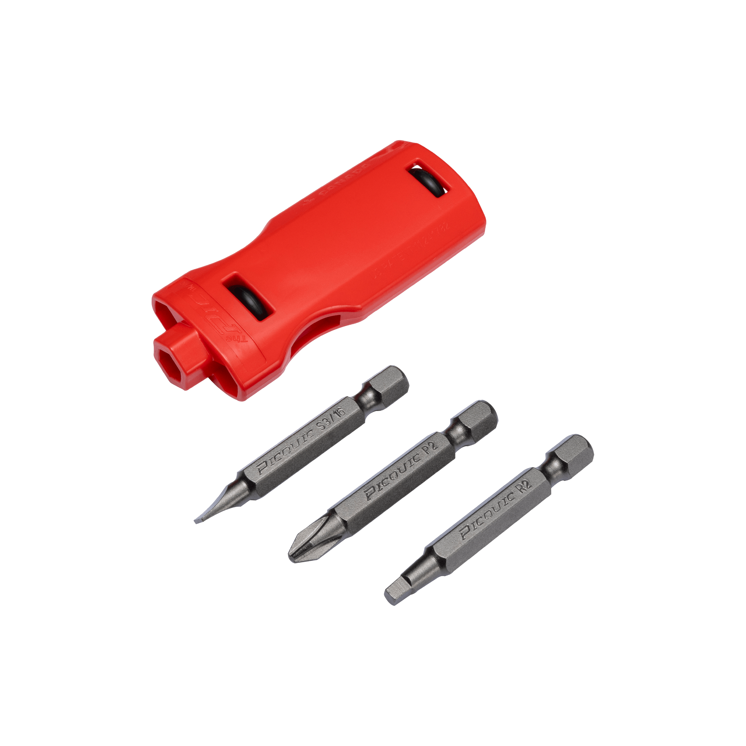 Red tool with three gray drill bits on a white background
