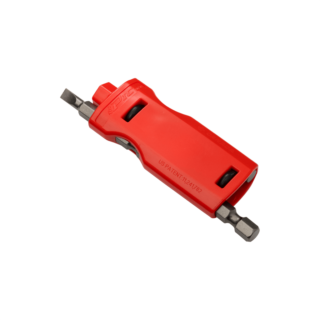 Red tool with multiple attachments on a white background