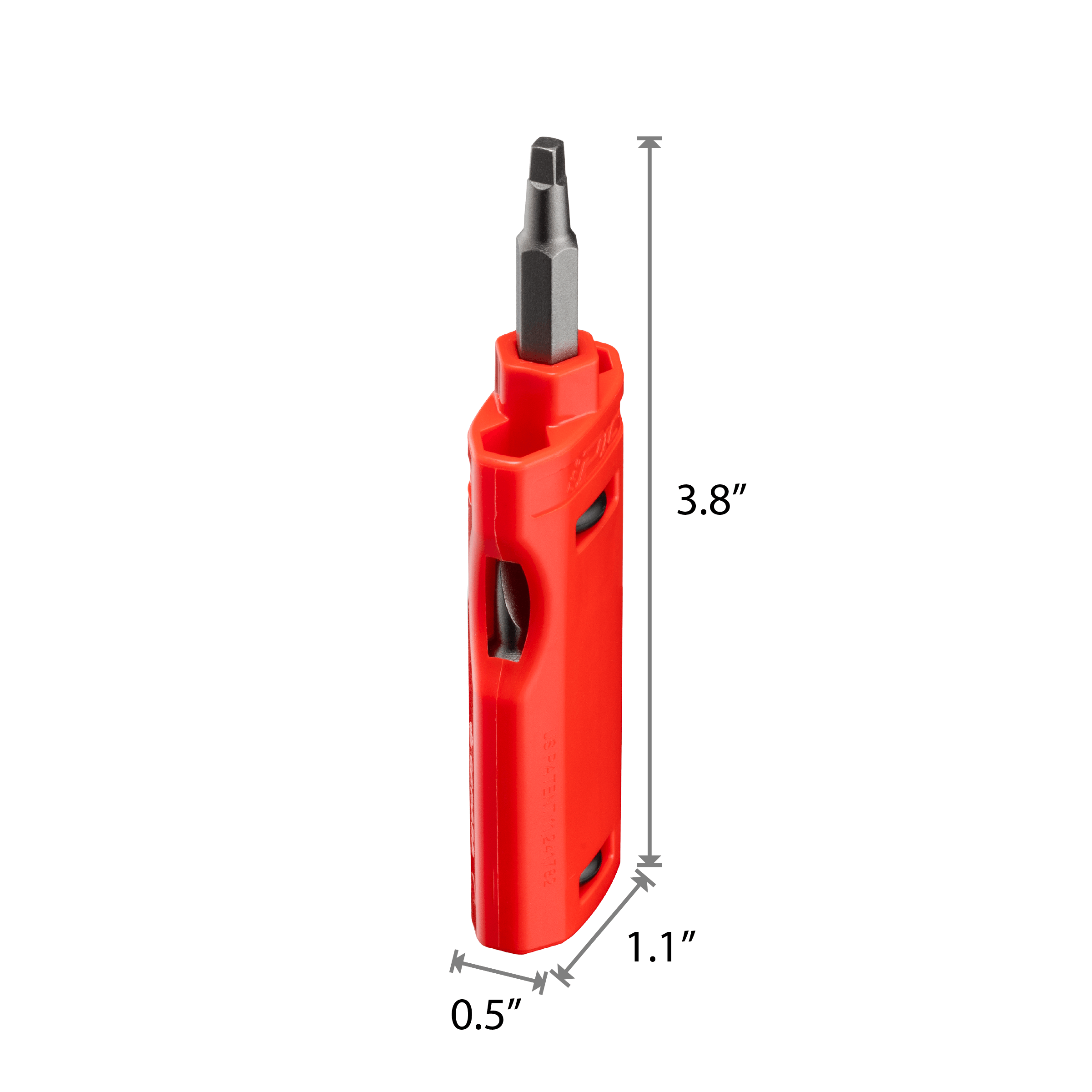 Red tool with measurement details on a white background